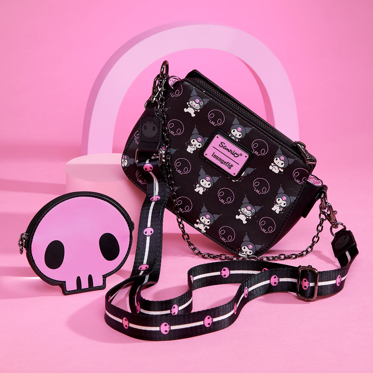 Kuromi x Loungefly Skully Convertible Crossbody Bag With Coin Purse Bags Loungefly   