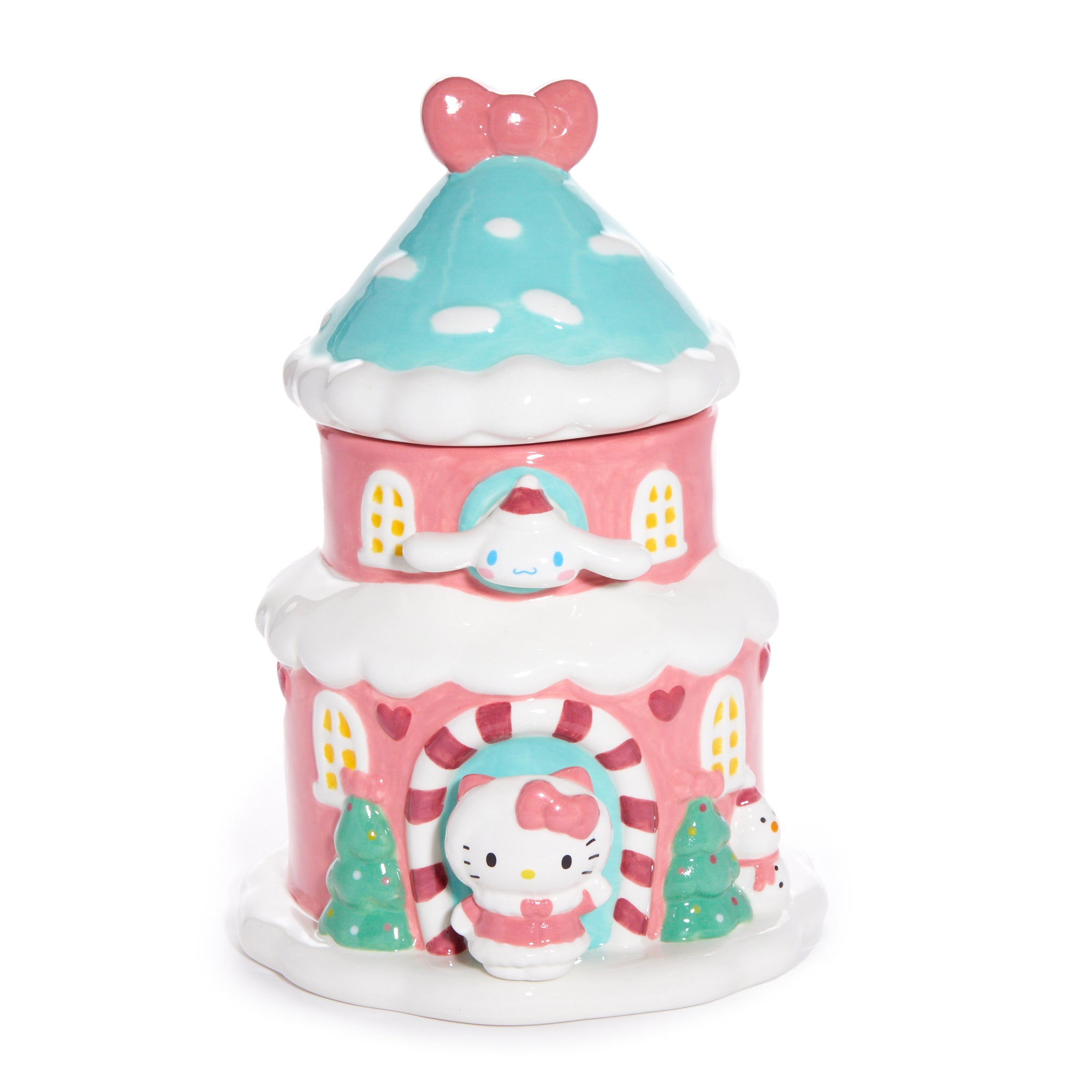 Hello Kitty and Cinnamoroll Ceramic Holiday Cottage Cookie Jar Seasonal Blue Sky Clayworks