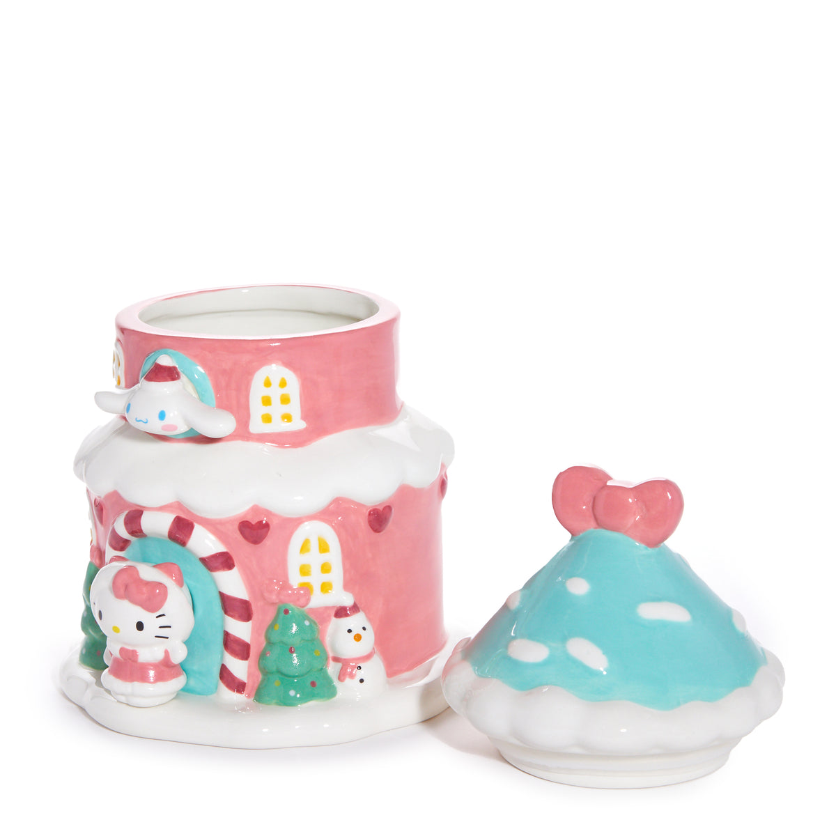 Hello Kitty and Cinnamoroll Ceramic Holiday Cottage Cookie Jar Seasonal Blue Sky Clayworks