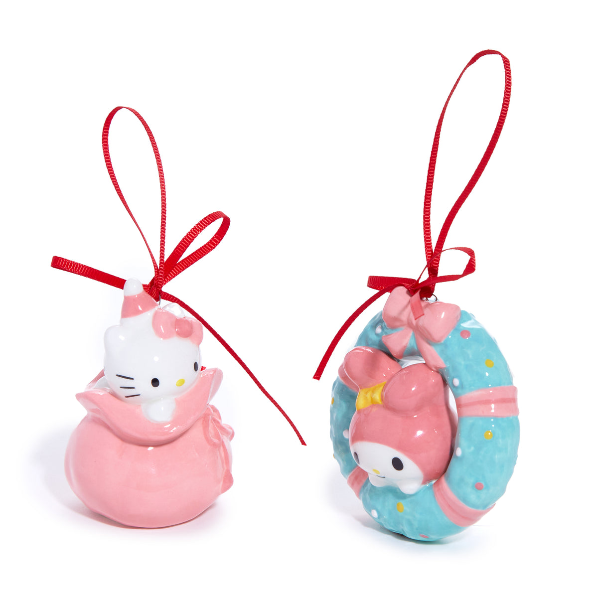 Hello Kitty and My Melody 2-pc Holiday Ceramic Ornament Set (Pastel Pink)