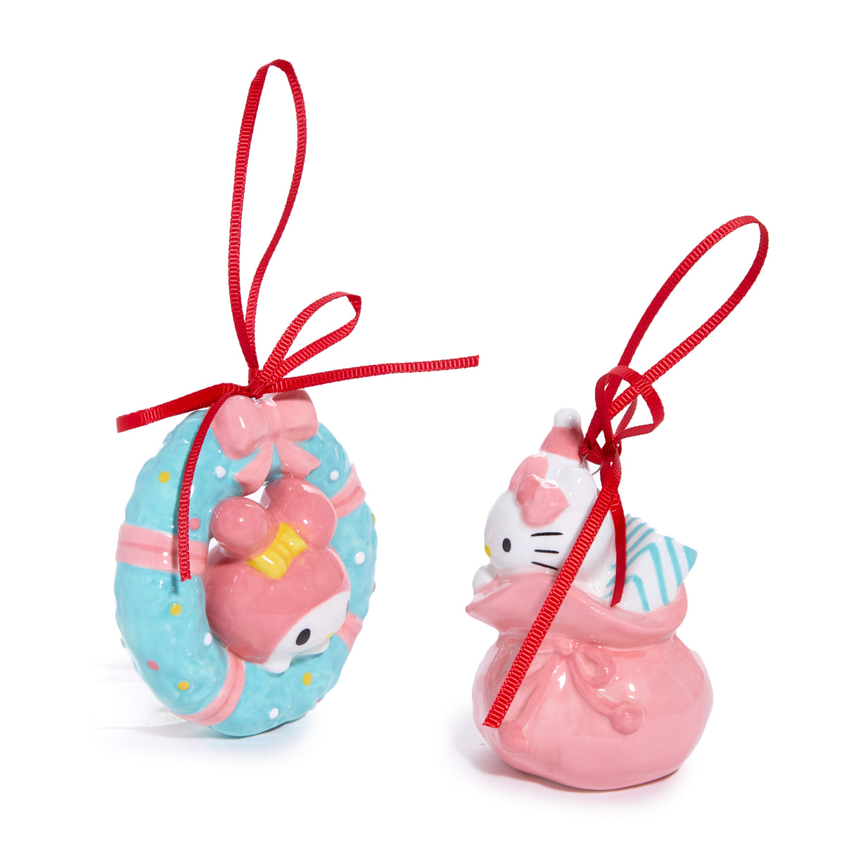 Hello Kitty and My Melody 2-pc Holiday Ceramic Ornament Set (Pastel Pink)