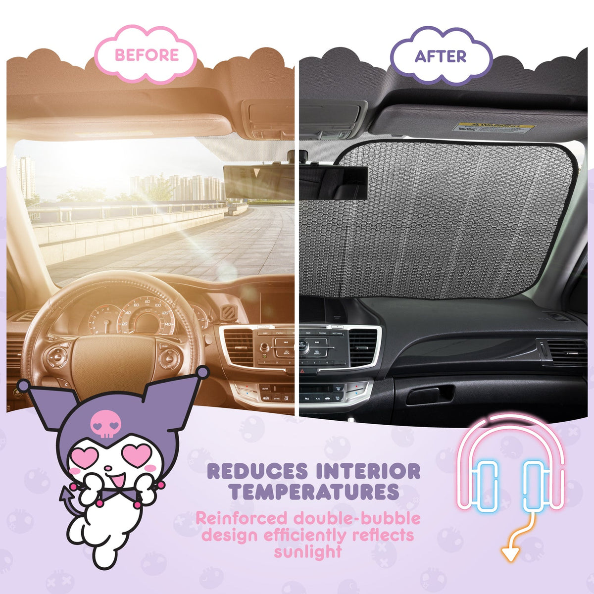 Kuromi Car Sun Shade (Neon Party) Travel BDK AUTO   