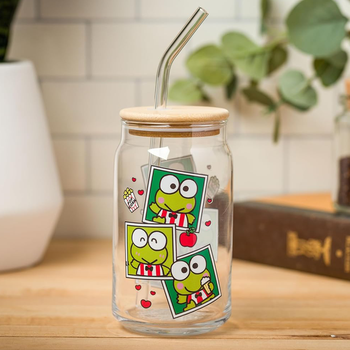 Keroppi Snacks Bamboo Lidded Glass Tumbler Home Goods Silver Buffalo   