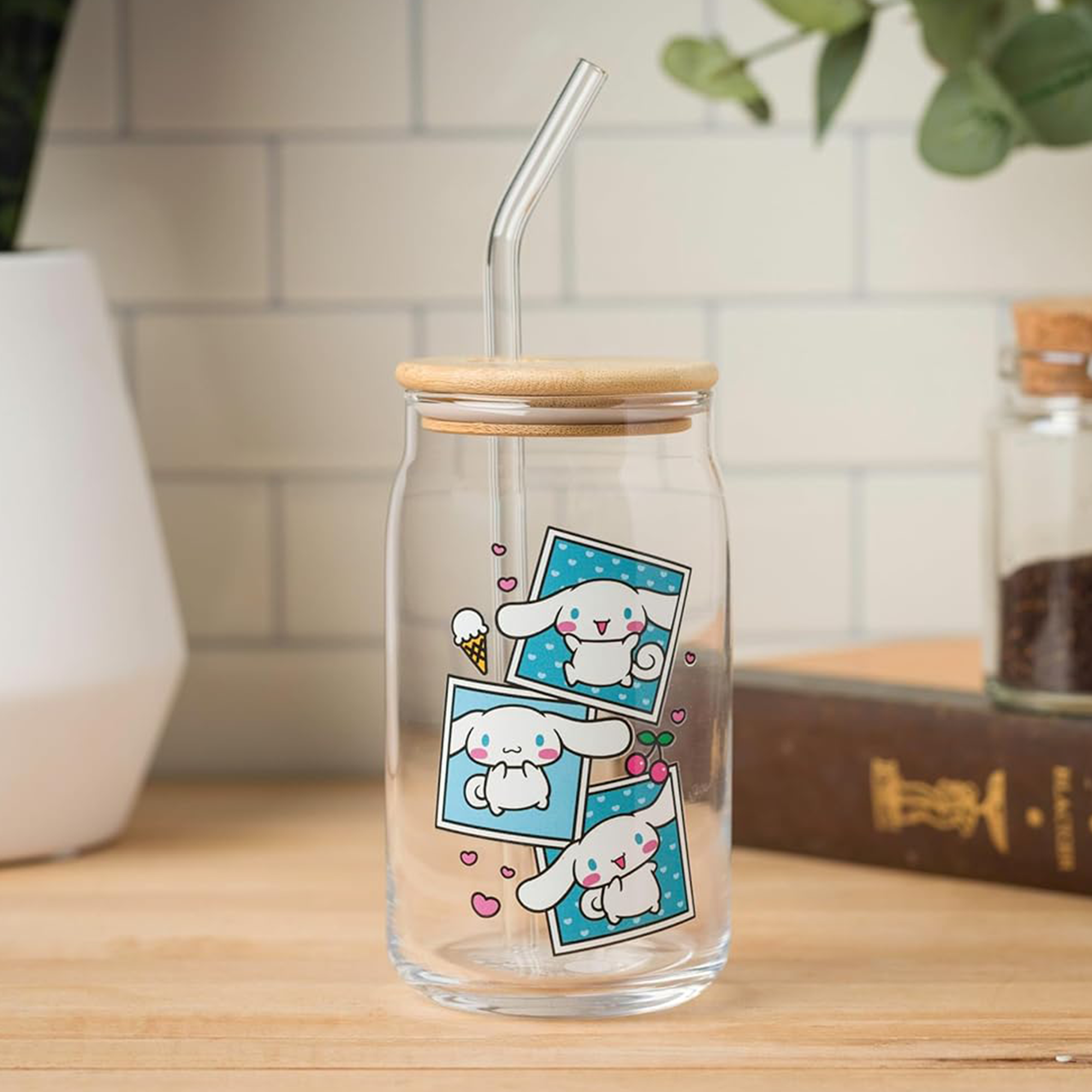 Cinnamoroll Snacks Bamboo Lidded Glass Tumbler Home Goods Silver Buffalo   