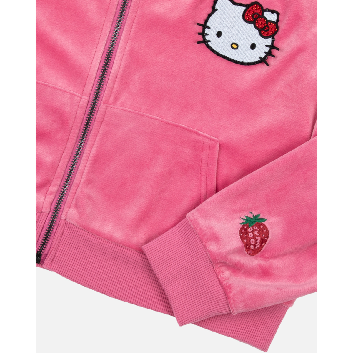 Hello Kitty x Dumbgood Pink Velour Cropped Hoodie (50th Anniv.) Apparel BIOWORLD   
