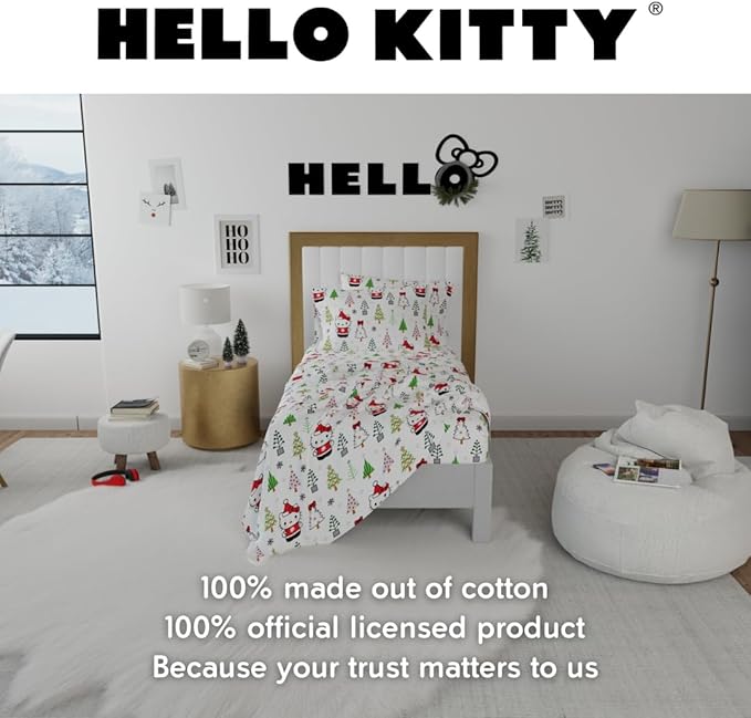 Hello Kitty Holiday Cotton Flannel Sheet Set Home Goods Franco Manufacturing Co Inc WHITE/MULTI TWIN 