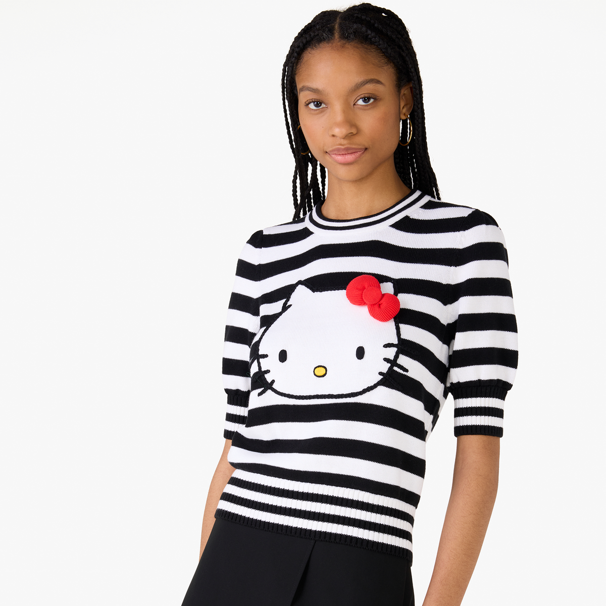 Hello Kitty x Kate Spade New York Striped Puff Sleeve Intarsia Sweater Apparel Kate Spade