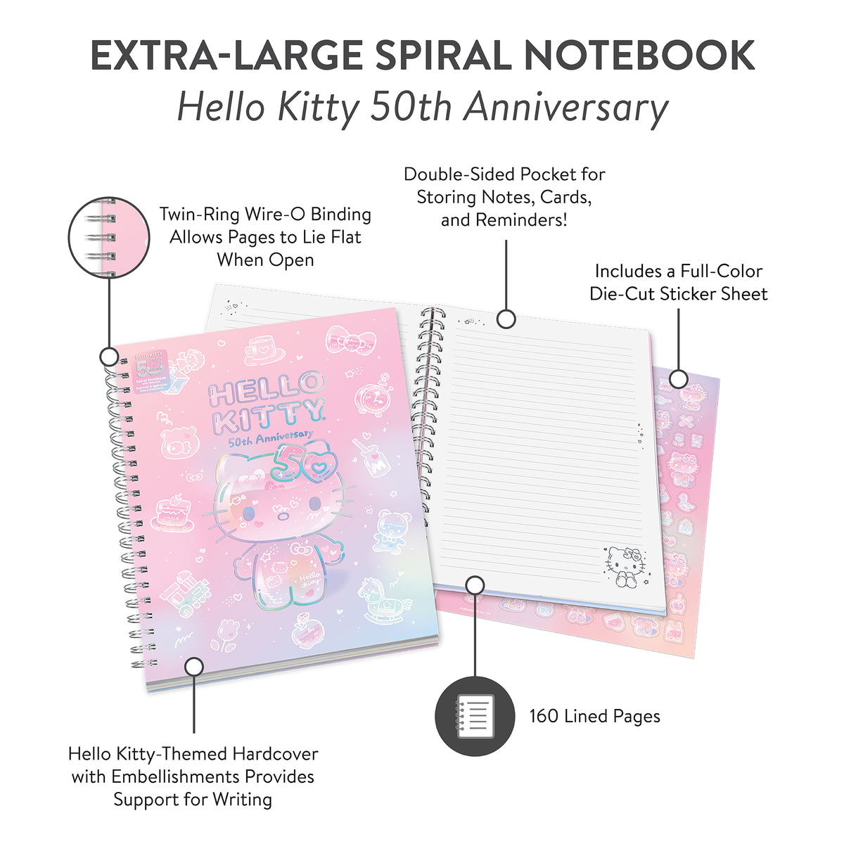 Hello Kitty x Studio Oh! 50th Anniversary Extra-Large Spiral Notebook &amp; Sticker Sheet Stationery Orange Circle   